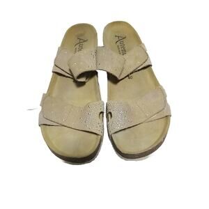 Autenti Sandals Womens Casual Strap Slip On Hook & Loop Slide Sz. 9 Tan W/Bling